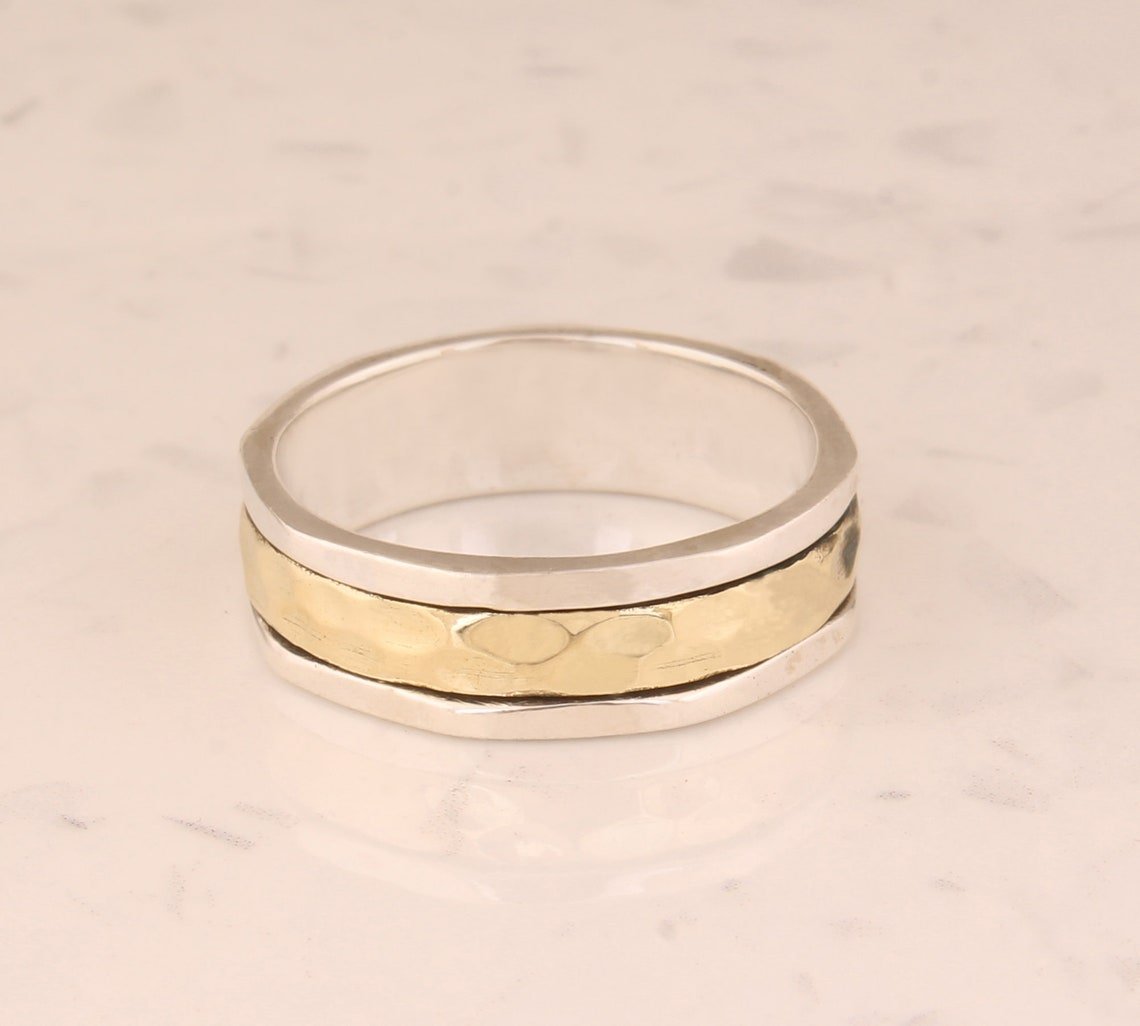 Sterling Silver Spinner Ring Two Tone Hammered Band Artisan Crafted Textured Meditation 925 Silver Fashion Jewelry Unisex Gift