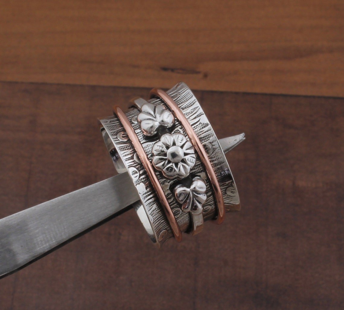 Two-Tone Spinner Ring Sterling Silver Boho Fidget Ring Floral Design Artisan Crafted Silver Gold Jewelry Wedding Gift for Her - Image 5