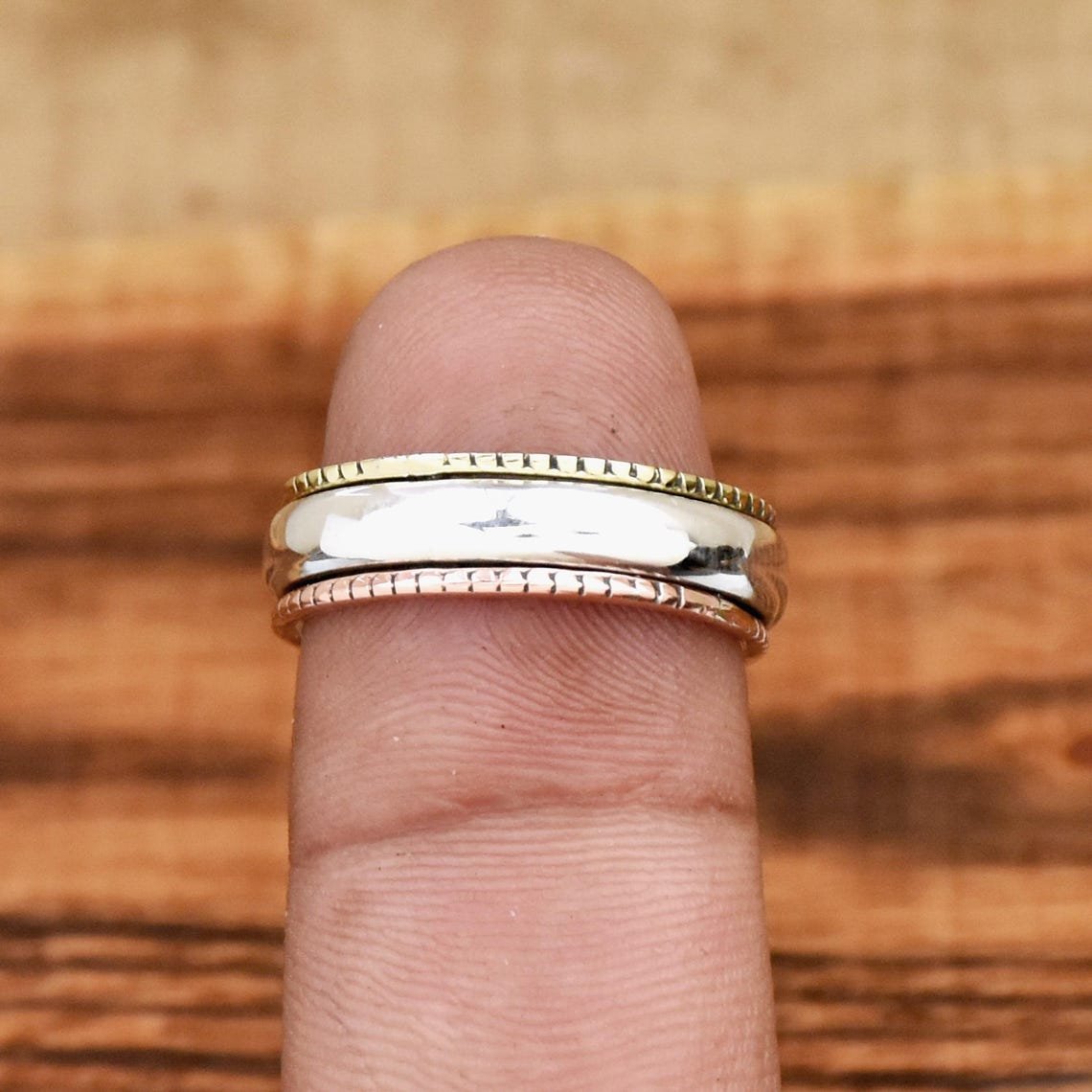 Sterling Silver Spinner Ring Two Tone Narrow Band Stackable Minimalist Handmade Silver Jewelry Gift for Her - Image 3