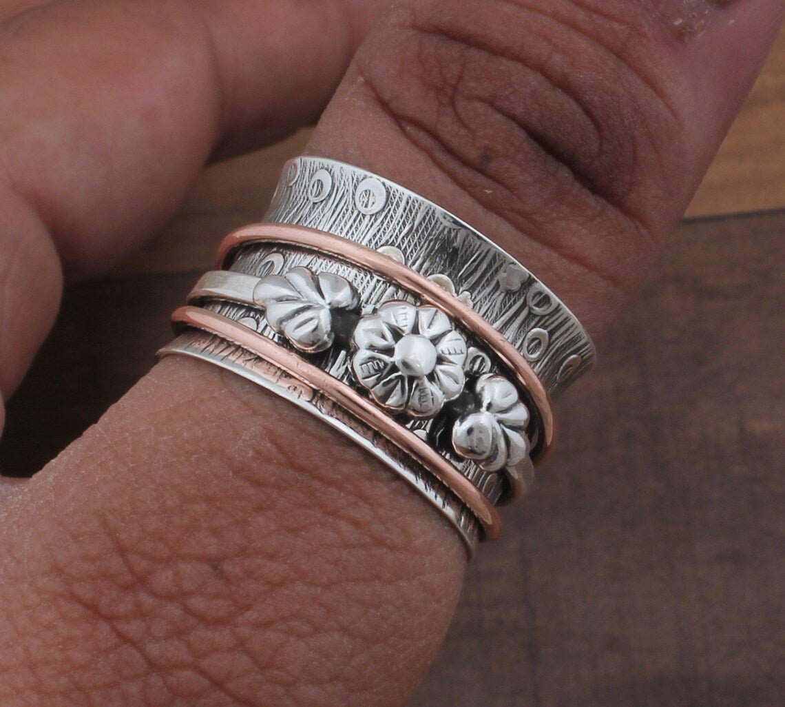 Two-Tone Spinner Ring Sterling Silver Boho Fidget Ring Floral Design Artisan Crafted Silver Gold Jewelry Wedding Gift for Her - Image 8