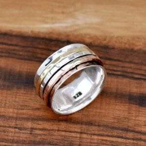 Sterling Silver Spinner Ring - Two Tone Wide Band Hammered Silver Triple Spinning Rings Boho Style Statement Jewelry Gift for Her