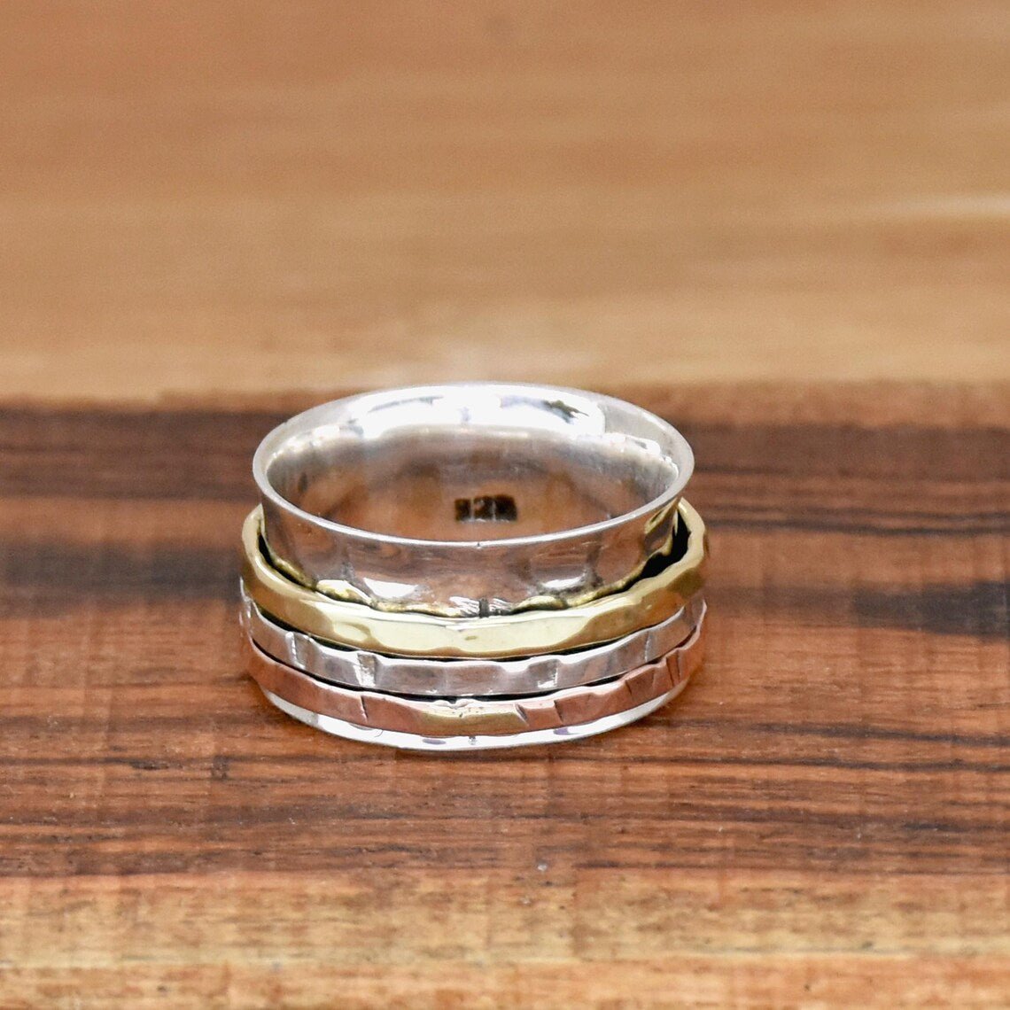 Sterling Silver Spinner Ring - Two Tone Wide Band Hammered Silver Triple Spinning Rings Boho Style Statement Jewelry Gift for Her - Image 2