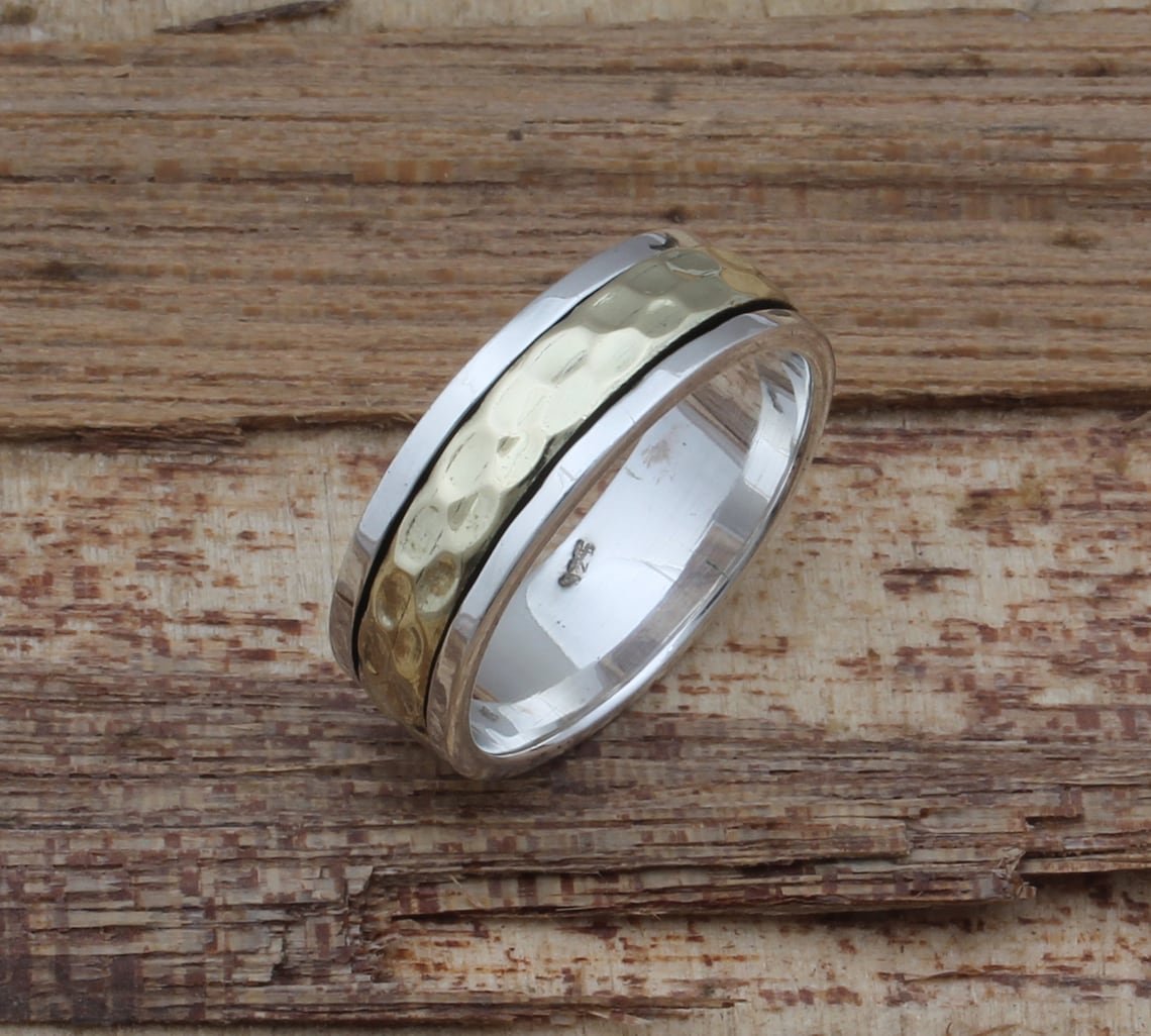 Sterling Silver Spinner Ring Two Tone Hammered Band Artisan Crafted Textured Meditation 925 Silver Fashion Jewelry Unisex Gift - Image 5