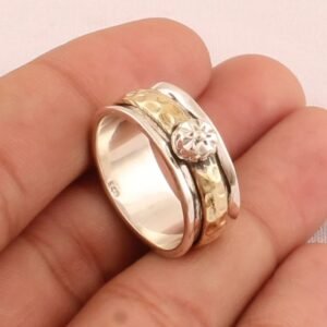 Two-Tone Spinner Ring Sterling Silver Band – Hammered Texture Band with Rotating Flower Motif Boho Jewelry Gift for Her and Him