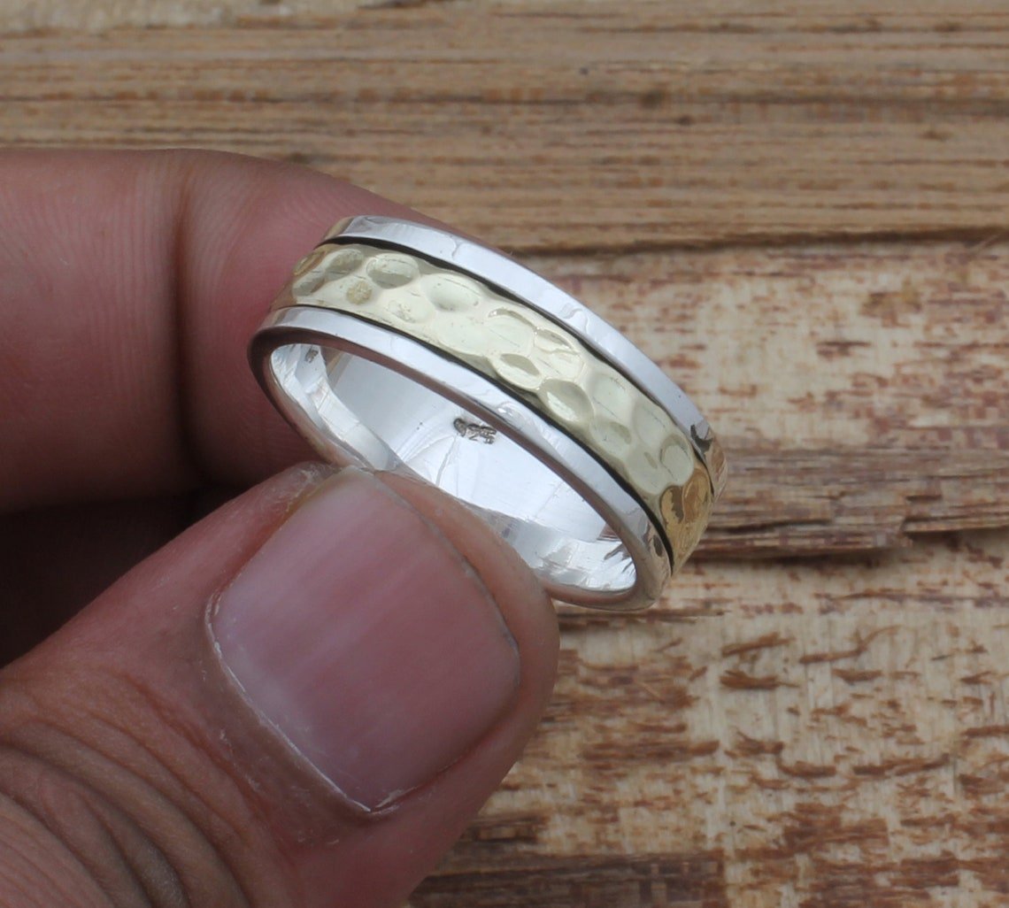 Sterling Silver Spinner Ring Two Tone Hammered Band Artisan Crafted Textured Meditation 925 Silver Fashion Jewelry Unisex Gift - Image 4