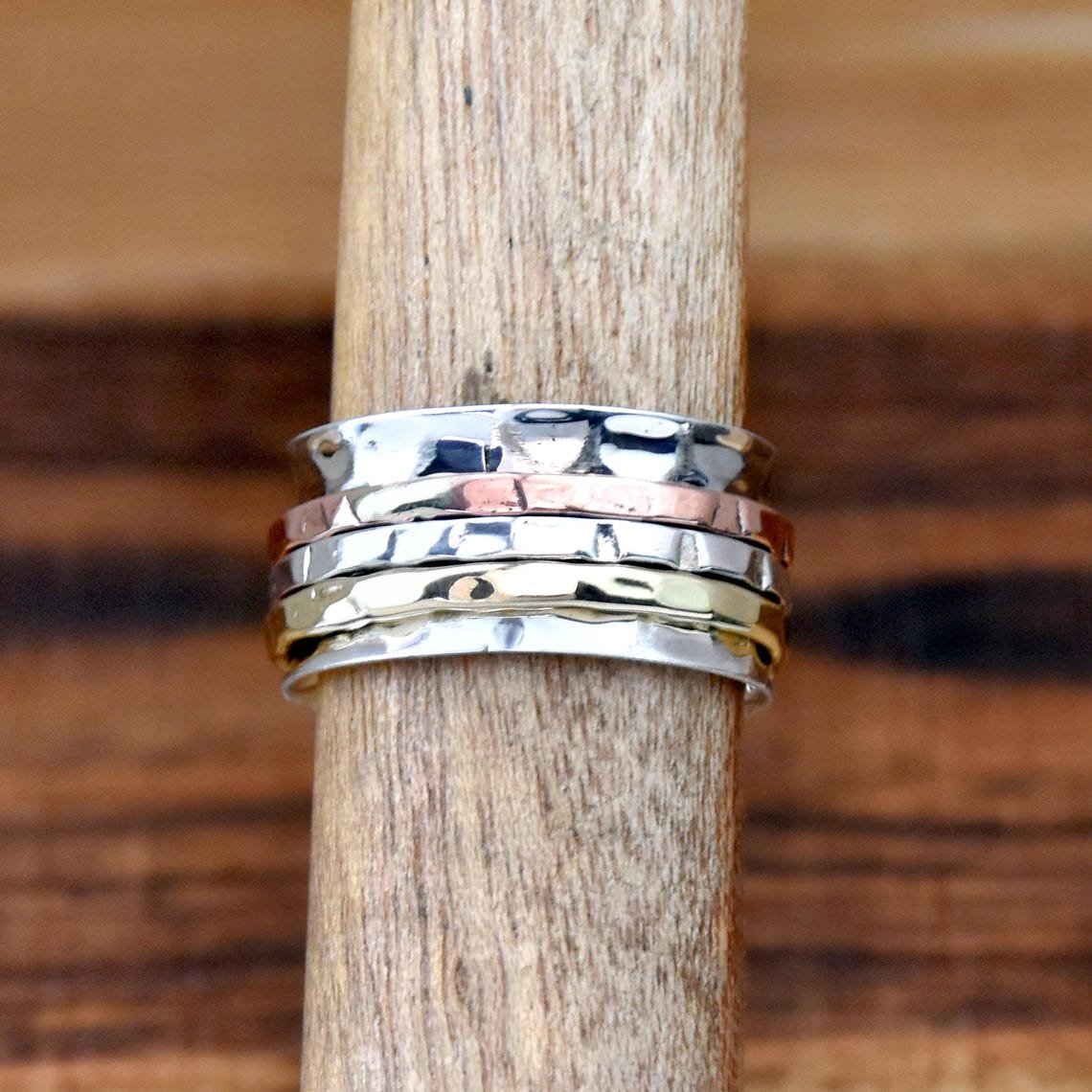 Sterling Silver Spinner Ring - Two Tone Wide Band Hammered Silver Triple Spinning Rings Boho Style Statement Jewelry Gift for Her - Image 4