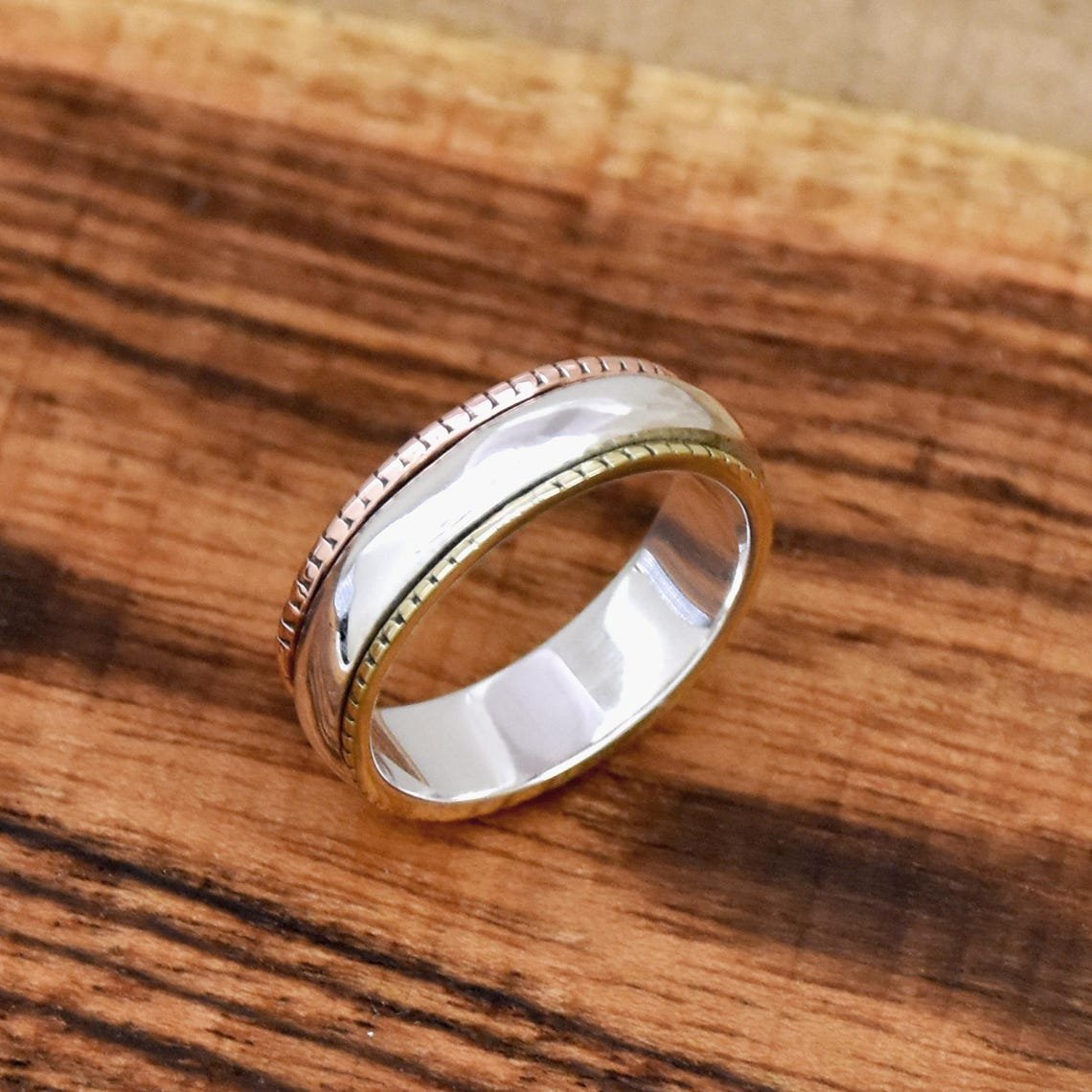 Sterling Silver Spinner Ring Two Tone Narrow Band Stackable Minimalist Handmade Silver Jewelry Gift for Her