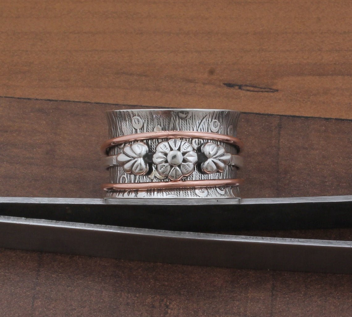 Two-Tone Spinner Ring Sterling Silver Boho Fidget Ring Floral Design Artisan Crafted Silver Gold Jewelry Wedding Gift for Her - Image 3