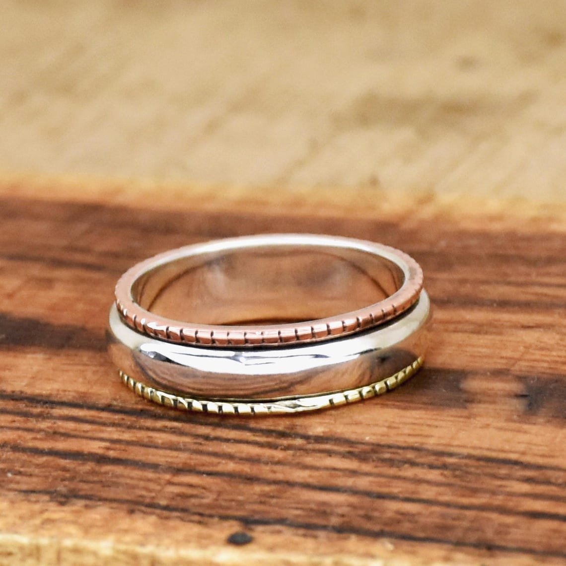 Sterling Silver Spinner Ring Two Tone Narrow Band Stackable Minimalist Handmade Silver Jewelry Gift for Her - Image 4