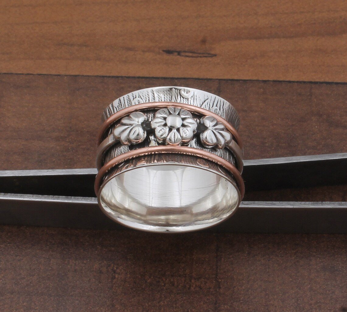 Two-Tone Spinner Ring Sterling Silver Boho Fidget Ring Floral Design Artisan Crafted Silver Gold Jewelry Wedding Gift for Her - Image 4