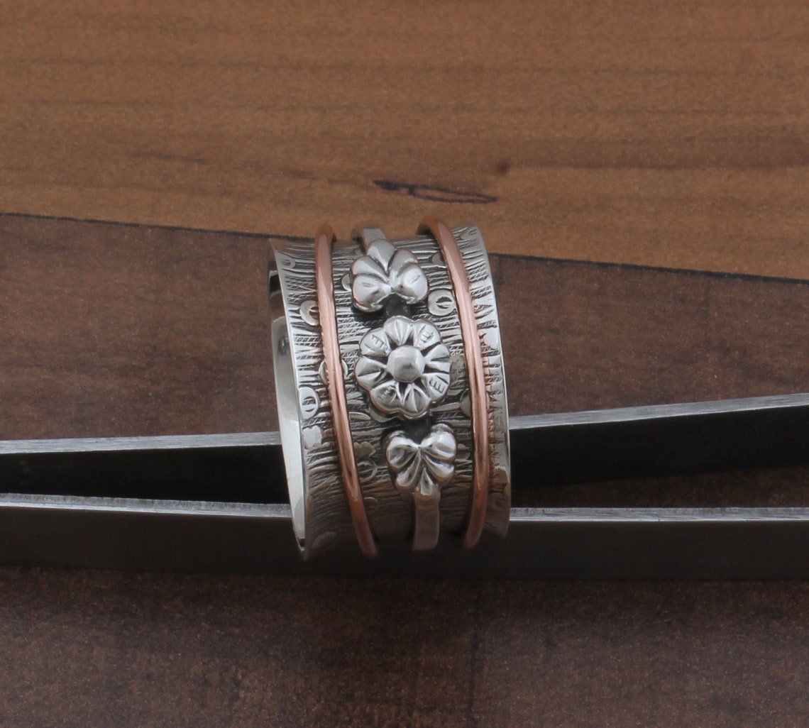 Two-Tone Spinner Ring Sterling Silver Boho Fidget Ring Floral Design Artisan Crafted Silver Gold Jewelry Wedding Gift for Her - Image 6