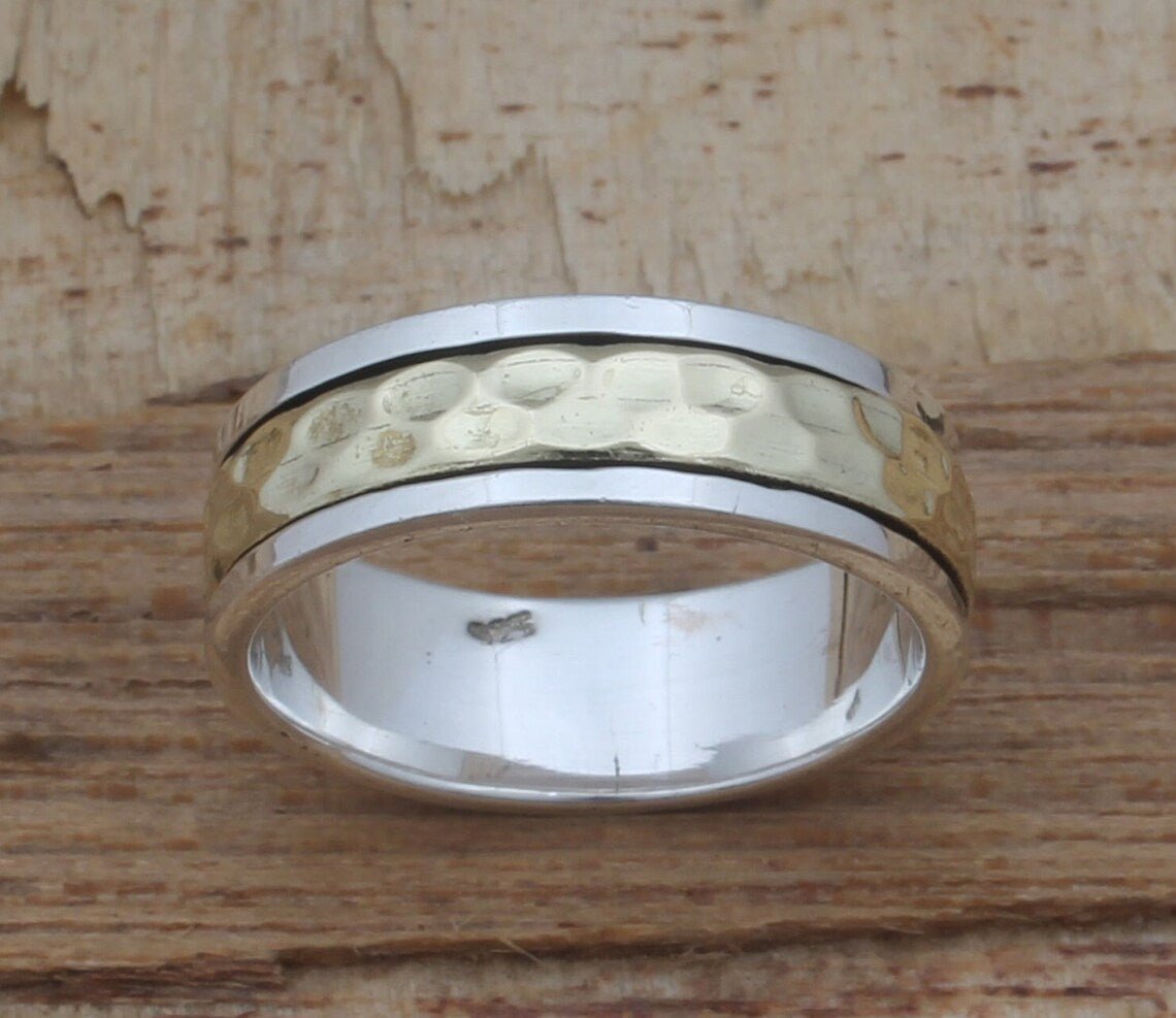 Sterling Silver Spinner Ring Two Tone Hammered Band Artisan Crafted Textured Meditation 925 Silver Fashion Jewelry Unisex Gift - Image 2