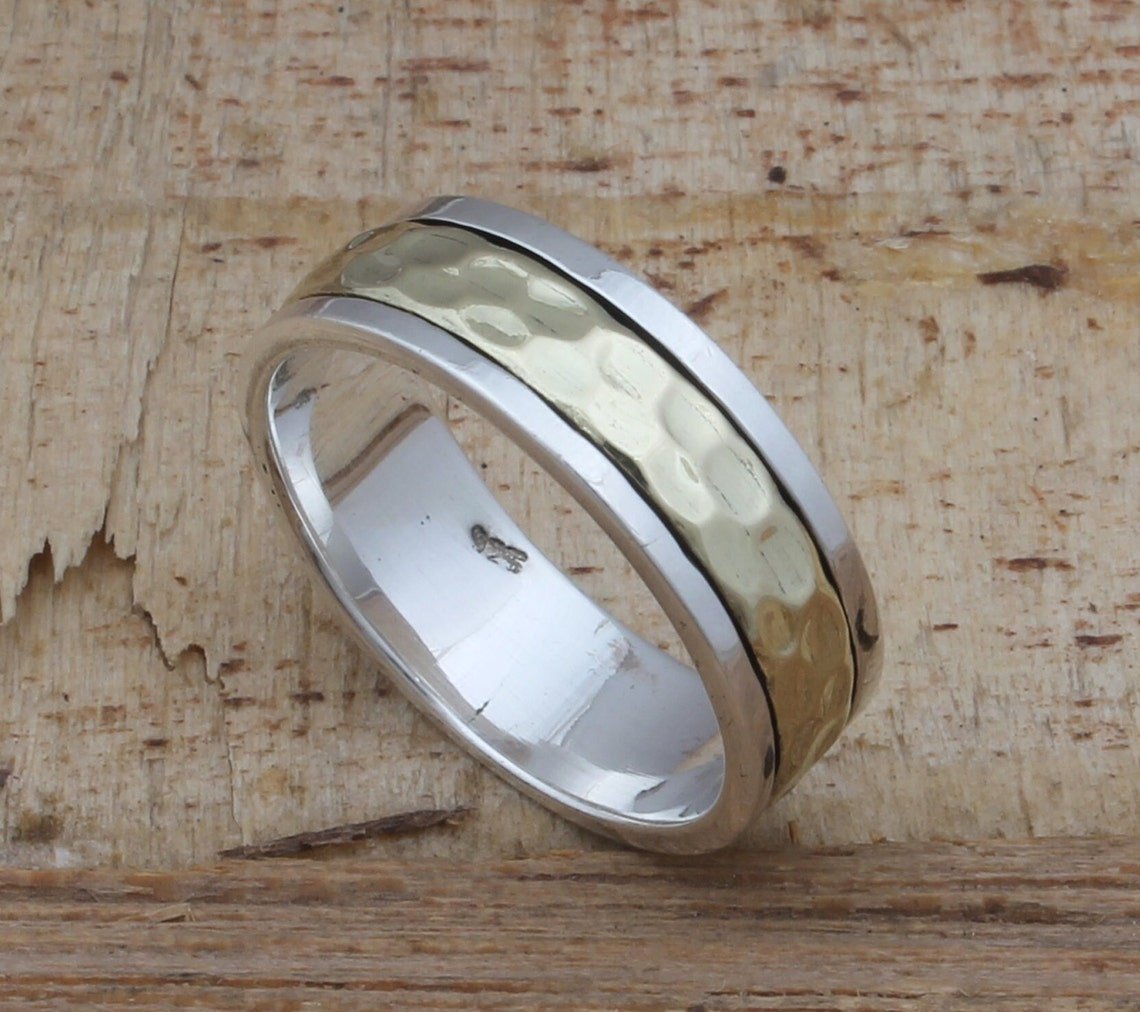 Sterling Silver Spinner Ring Two Tone Hammered Band Artisan Crafted Textured Meditation 925 Silver Fashion Jewelry Unisex Gift - Image 3