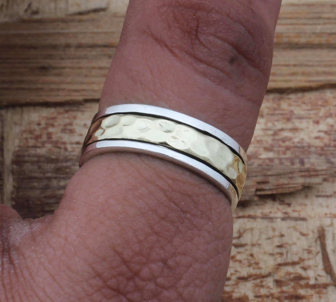 Sterling Silver Spinner Ring Two Tone Hammered Band Artisan Crafted Textured Meditation 925 Silver Fashion Jewelry Unisex Gift - Image 6