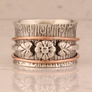 Two-Tone Spinner Ring Sterling Silver Boho Fidget Ring Floral Design Artisan Crafted Silver Gold Jewelry Wedding Gift for Her