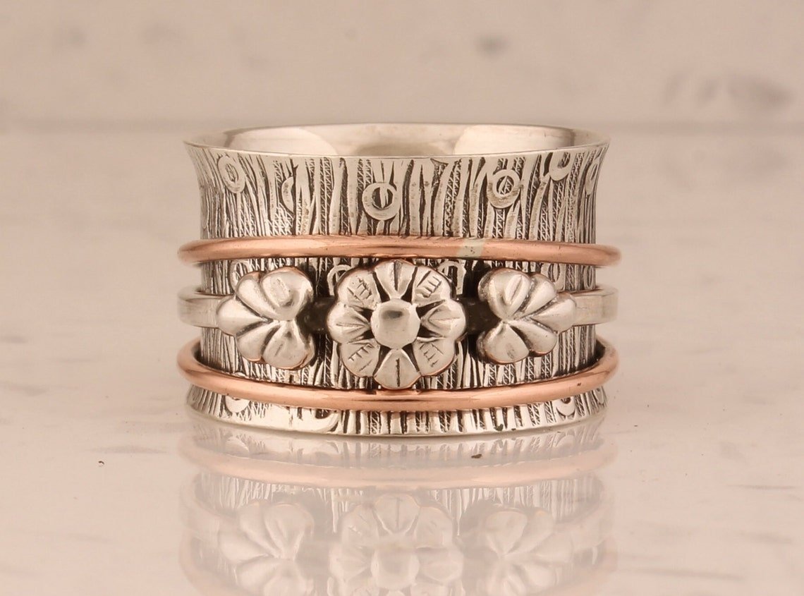 Two-Tone Spinner Ring Sterling Silver Boho Fidget Ring Floral Design Artisan Crafted Silver Gold Jewelry Wedding Gift for Her