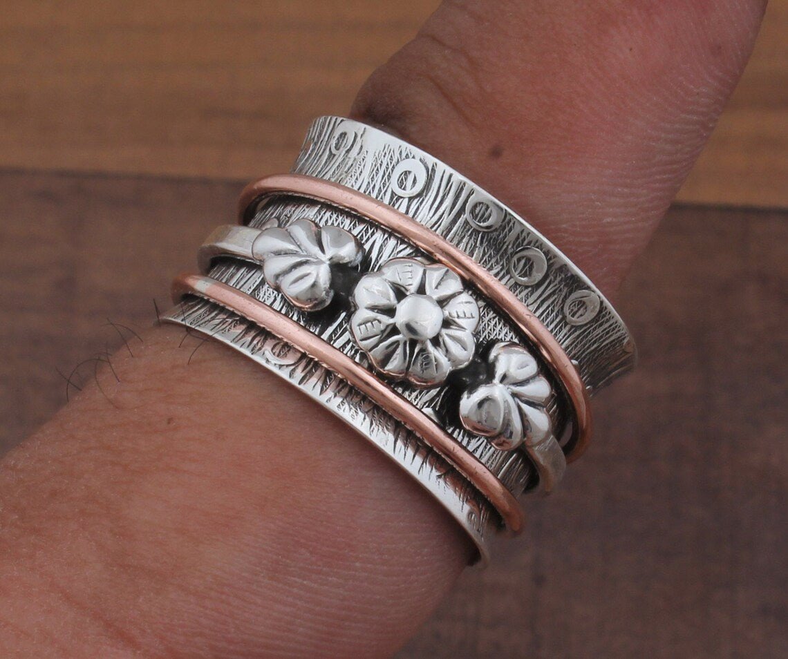 Two-Tone Spinner Ring Sterling Silver Boho Fidget Ring Floral Design Artisan Crafted Silver Gold Jewelry Wedding Gift for Her - Image 2