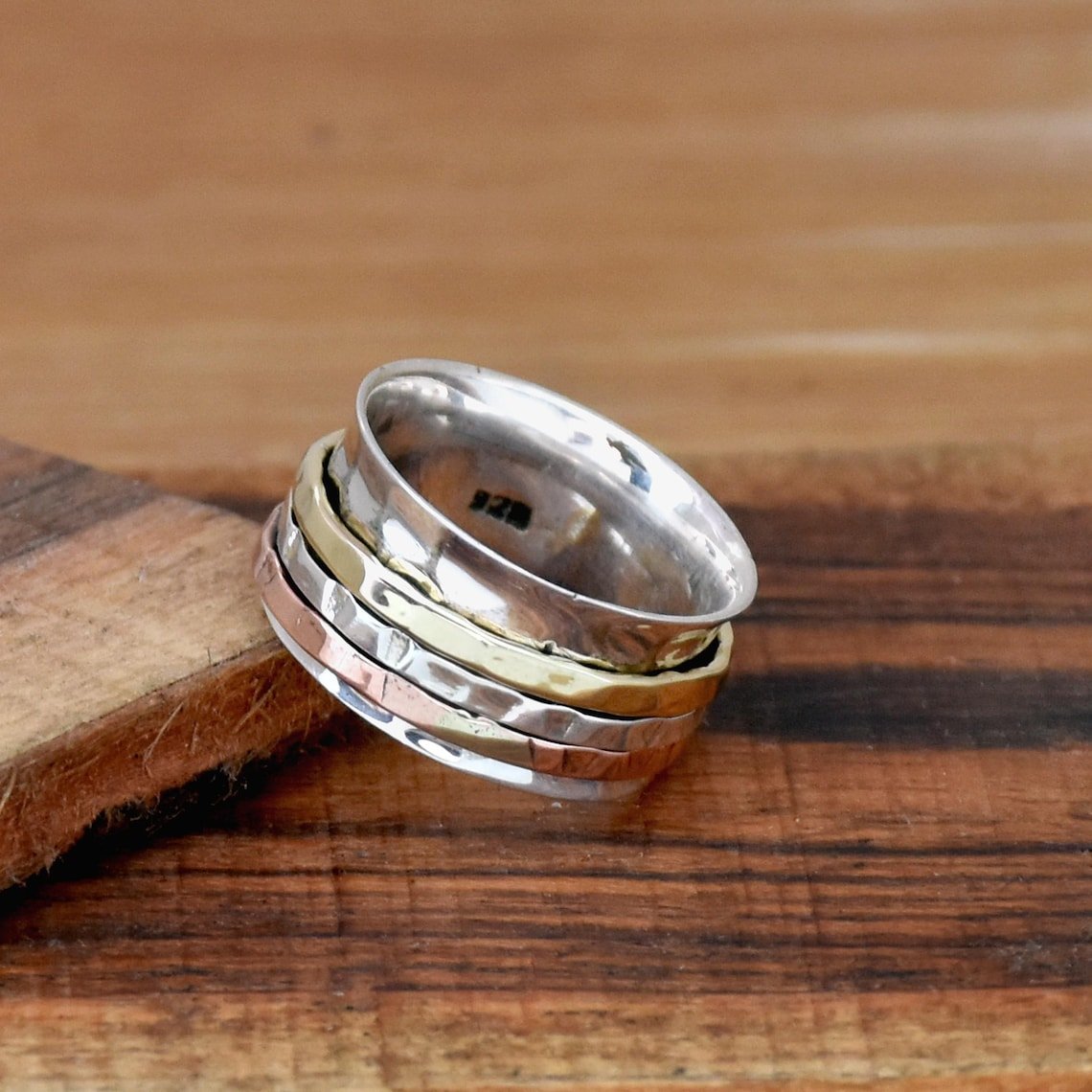 Sterling Silver Spinner Ring - Two Tone Wide Band Hammered Silver Triple Spinning Rings Boho Style Statement Jewelry Gift for Her - Image 3